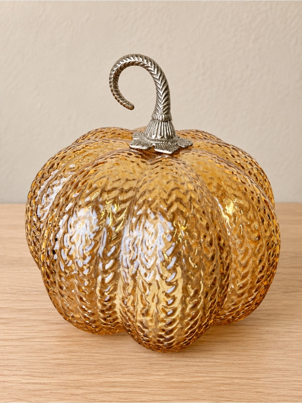 Large Lighted Amber Textured Glass Pumpkin Fall Decor 9 1/2”